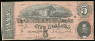1864 T - 69 $5 Confederate States Of America Note - Civil War Era Au