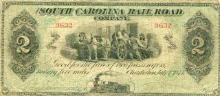 1873 South Carolina - Sc Railroad Co $2 Paasenger Fare Note