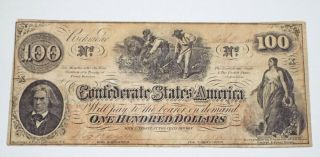 1862 $100 Dollar Bill Confederate States Currency Civil War Hoer Note