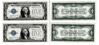 (2) Consecutive 1928 $1 One Dollar “funnyback” Silver Certificates About Unc