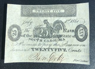 Bank Of The State Of South Carolina 25 Cent Note Gamecocks Confederate 1861