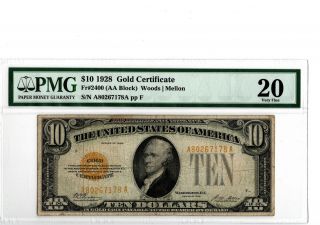 1928 $10 Gold Certificate Fr 2400 Pmg 20 (aa Block) Woods/mellon 19 - C147