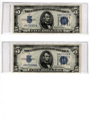 1934a Sequential Pair $5 Blue Seal Silver Certificate Gem Unc Cond