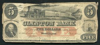 1860 $5 The Clinton Bank Westernport,  Maryland Obsolete Currency Note