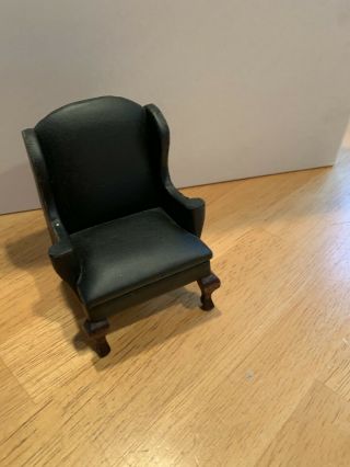Gorgeous Dollhouse Miniature Black Leather Wing Back Arm Chair