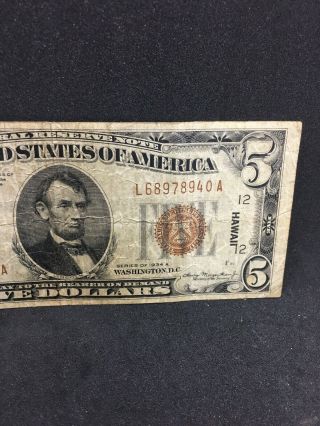 1934 A $5 FEDERAL RESERVE NOTE HAWAII CIRCULATED 2