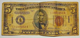 1934 - A $5 Five Dollars “hawaii” Frn Federal Reserve Note