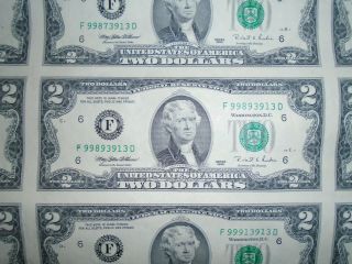Uncut Sheet of 32 1995 Federal Reserve Note $2.  00 Bills - NR 3