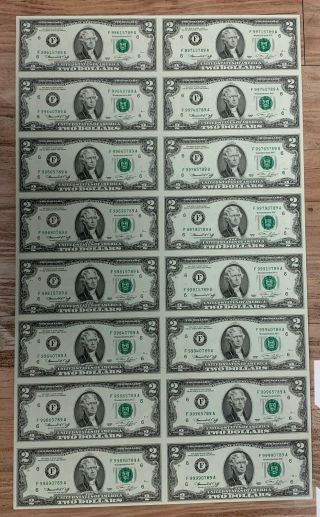 1976 Uncut Sheet Of 16 Two Dollar $2 Uncirculated Us Currency Bills In Roll 5
