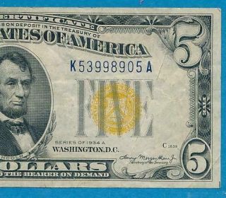 $5.  00 1934 - A North Africa Yellow Seal Silver Certificate Choice Vf