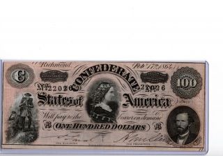 1864 $100 Confederate States Bank Note T - 65 Lucy Pickens Series 1 19 - C282