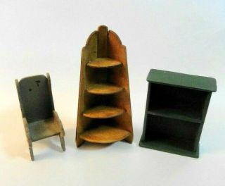 1:24 Scale Miniature Dollhouse 3 Pc.  Artist Crafted Cat Chair Corner Curio Shelf