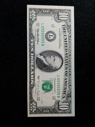 1995 $10 Dollar Bill Near - Solid Fancy Serial Number.