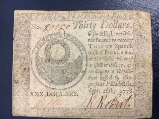Continental Currency $30 Sept 26,  1778 Serial 89550