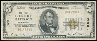 1929 $5 National Currency The First Nat.  Bank Of Patterson,  Nj Ch.  329
