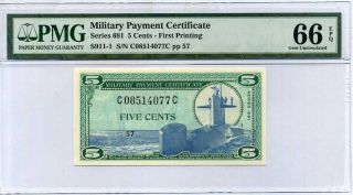 Military Payment Certificate 5 Cents Mpc 681 S911 - 1 P M75 Gem Unc Pmg 66 Epq