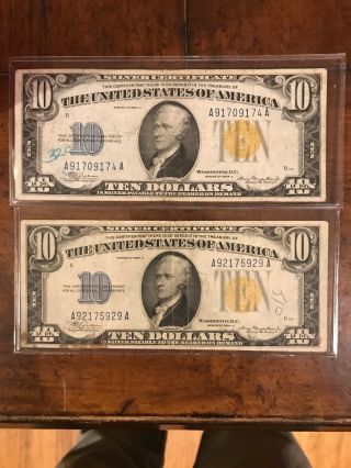 (2) 1934 A $10 Silver Certificate North Africa Note Yellow Seal