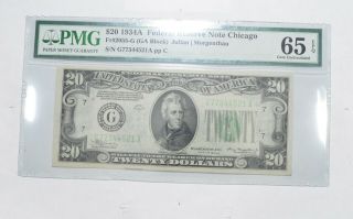Gem Unc 65 Epq $20 1934 - A Fed Res Note Chicago Fr 2055 - G (ga Block) Pmg 510