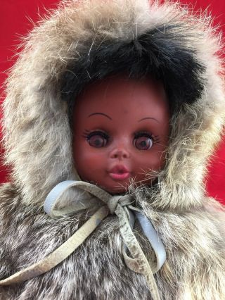 Vintage Carlson Doll 12” Inuit Eskimo Doll Eyes Open & Close Fur W/ Brown Skin