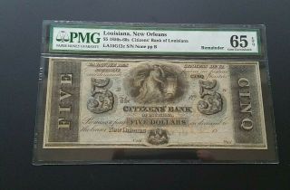 1850 - 60 ' s $5 Citizens Bank of Orleans Louisiana Obsolete PMG 65 GEM EPQ 2