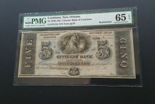 1850 - 60 ' s $5 Citizens Bank of Orleans Louisiana Obsolete PMG 65 GEM EPQ 3