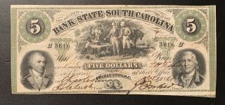 Bank Of The State Of South Carolina $5 Note Francis Marion Confederate 1861