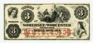 1864/2 $3 The Somerset And Worcester Savings Bank - Salisbury,  Maryland Note Au
