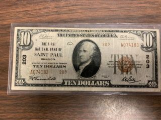 1929 $10 The First National Bank Of Saint Paul,  Mn National Currency 203