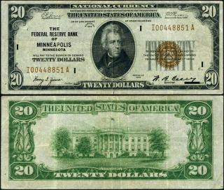 Fr.  1870 I $20 1929 Federal Reserve Bank Note Minneapolis I - A Block Vf,