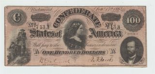 1864 Confederate Currency $100 Note One Hundred Dollars Richmond Obsolete Usa