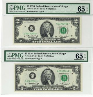 1976 $2 Chicago Star Notes - 2 Notes Pmg 65