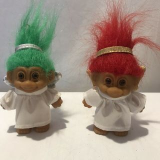 Vintage Russ Trolls Angel Ornaments 3 1/2 " Red Hair/gold Green Hair/silver Wings