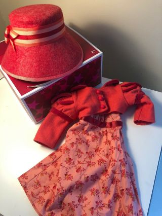 American Girl Doll Caroline Travel Outfit Coral Dress Spencer Jacket Red Hat Box