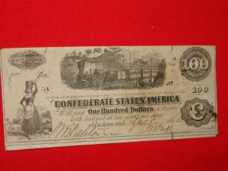 1862 $100 One Hundred Dollars “train” Csa Confederate Currency
