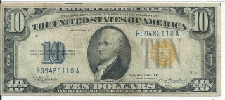$10 Silver Certificate North Africa 1934 - A Ba Block Yellow Seal Note 110a Ww Ii