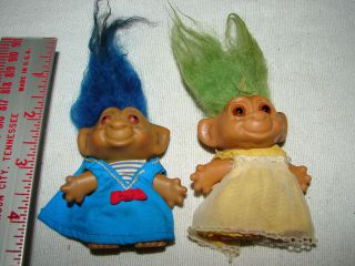 2 Vintage Troll Dolls Figures Blue Green Hair 2 1/2 Inch Tall Body Dam? D.  A.  M.  ?