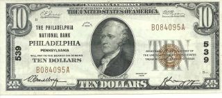 $10 1929 Philadelphia Pennsylvania Pa National Currency Bank Note Bill Ch.  539