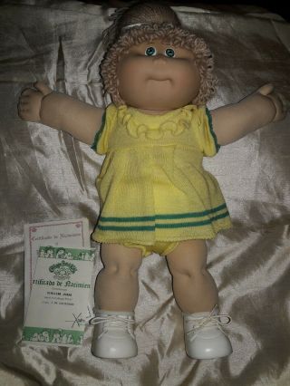 Vintage Cabbage Patch Jesmar Doll Tan Single Pony Green Eyes Spain Birth Cert