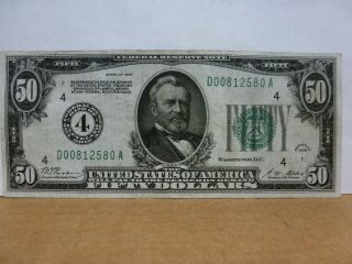 1928 $50 Dollar Bill Series Redeemable In Gold Federal Reserve Note D00812580a