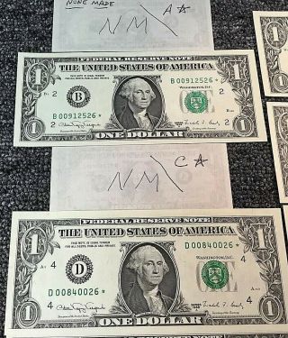 1988 $1 Federal Reserve STAR Notes Partial District Set,  9 Unc Star Notes END 26 2