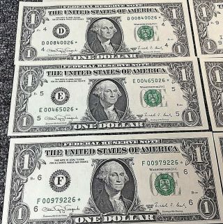 1988 $1 Federal Reserve STAR Notes Partial District Set,  9 Unc Star Notes END 26 3