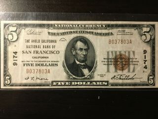 National Currency 1929 Ty 1 $5 The Anglo California Nb Of San Francisco,  Ca