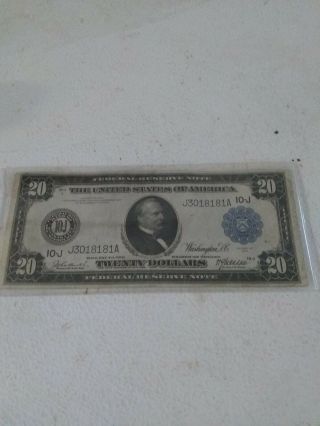 Federal Reserve Note 1914 Twenty Dollar Bill 10 - J Kansas City Mo.  Bank