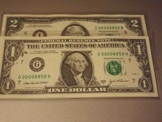 Us Bills 1 And 2 Dollar With The Same Numbers,  Very Low Numbers