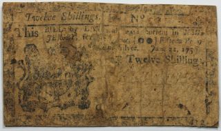 June 22,  1756 Jersey 12 Shillings Colonial Note,  Fr.  Nj - 96,  Vg