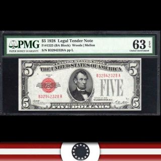 1928 $5 Legal Tender Note Red Seal Pmg 63 Epq Fr 1525 B32942328a