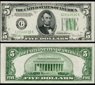 Fr.  1959 G $5 1934 - C Federal Reserve Note Non - Mule Chicago Wide Face Choice Cu,