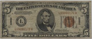 1934 A $5 Federal Reserve Note Hawaii Currency Very Fine (170a)