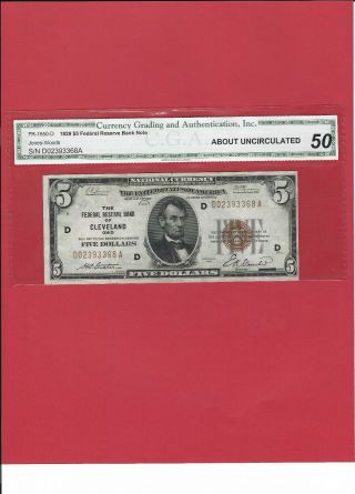 Fr.  1850 D $5 1929 Federal Reserve Bank Note Cleveland D - A Block Au 50