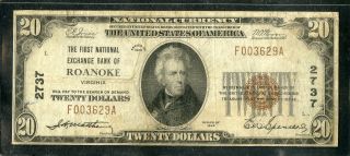 Us Paper Money 1929 $20 Roanoke Va National Banknote 2737